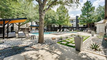 A backyard with a pool and a tree.